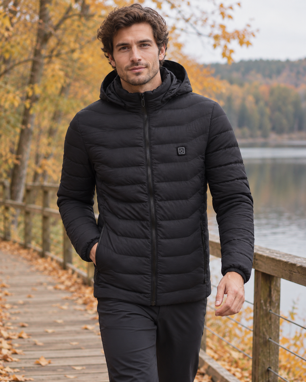 Veste chauffante électrique ski noire — porté en situation