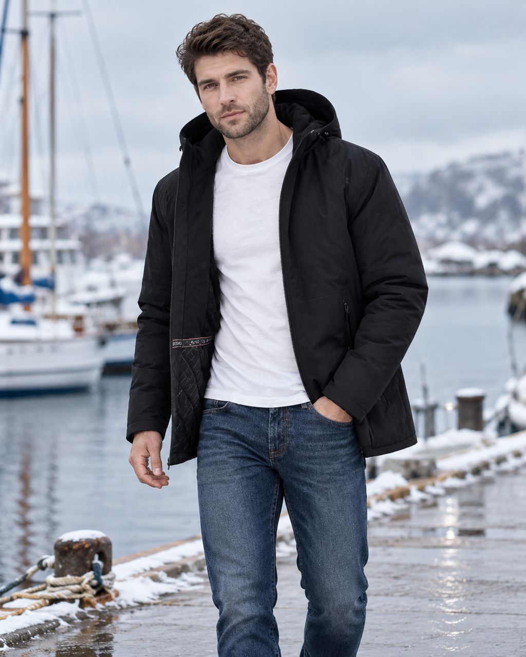 Blouson chauffante électrique homme noire foncé — porté en situation