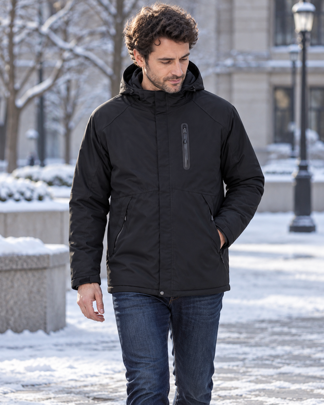 Veste chauffante électrique à prise USB — porté en situation
