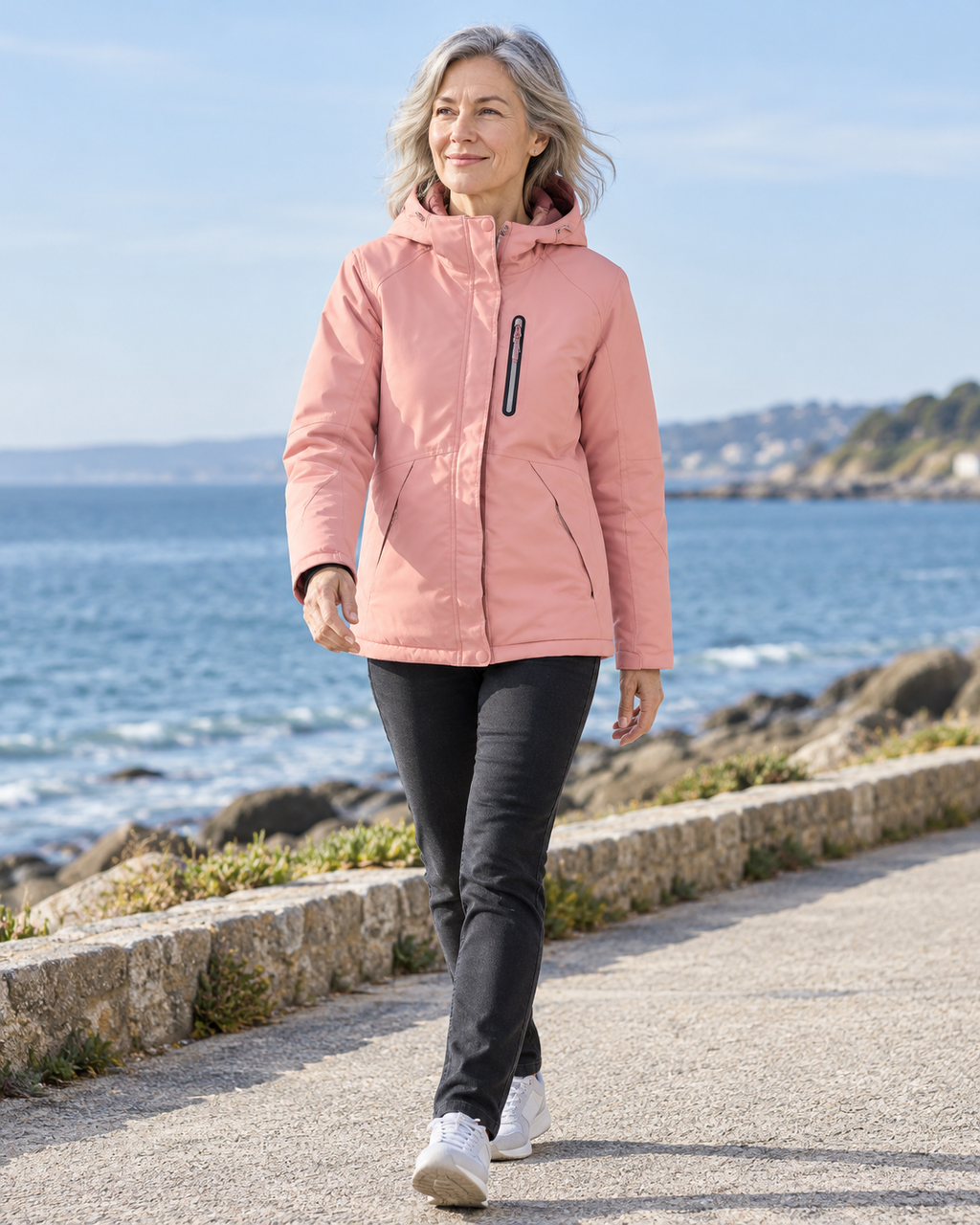 Veste chauffante électrique femme rose — porté en situation