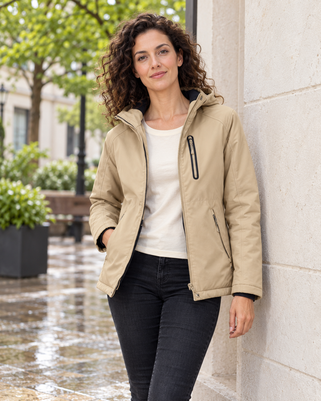 Veste chauffante électrique femme beige — porté en situation