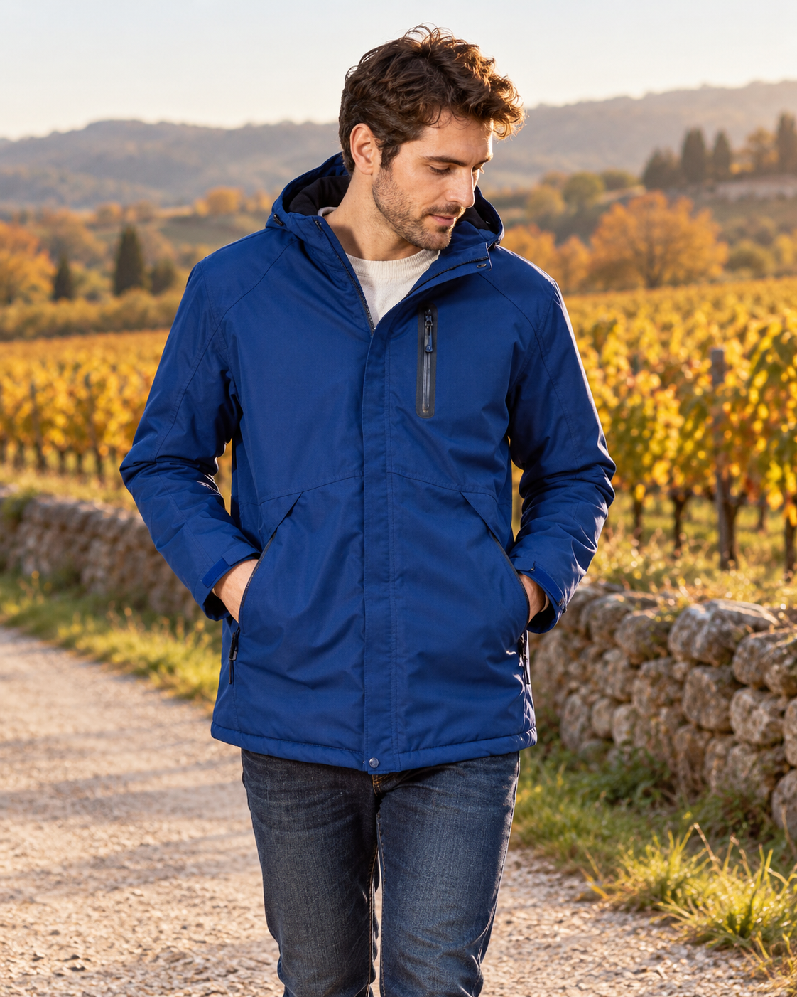 Blouson chauffante électrique homme bleu — porté en situation