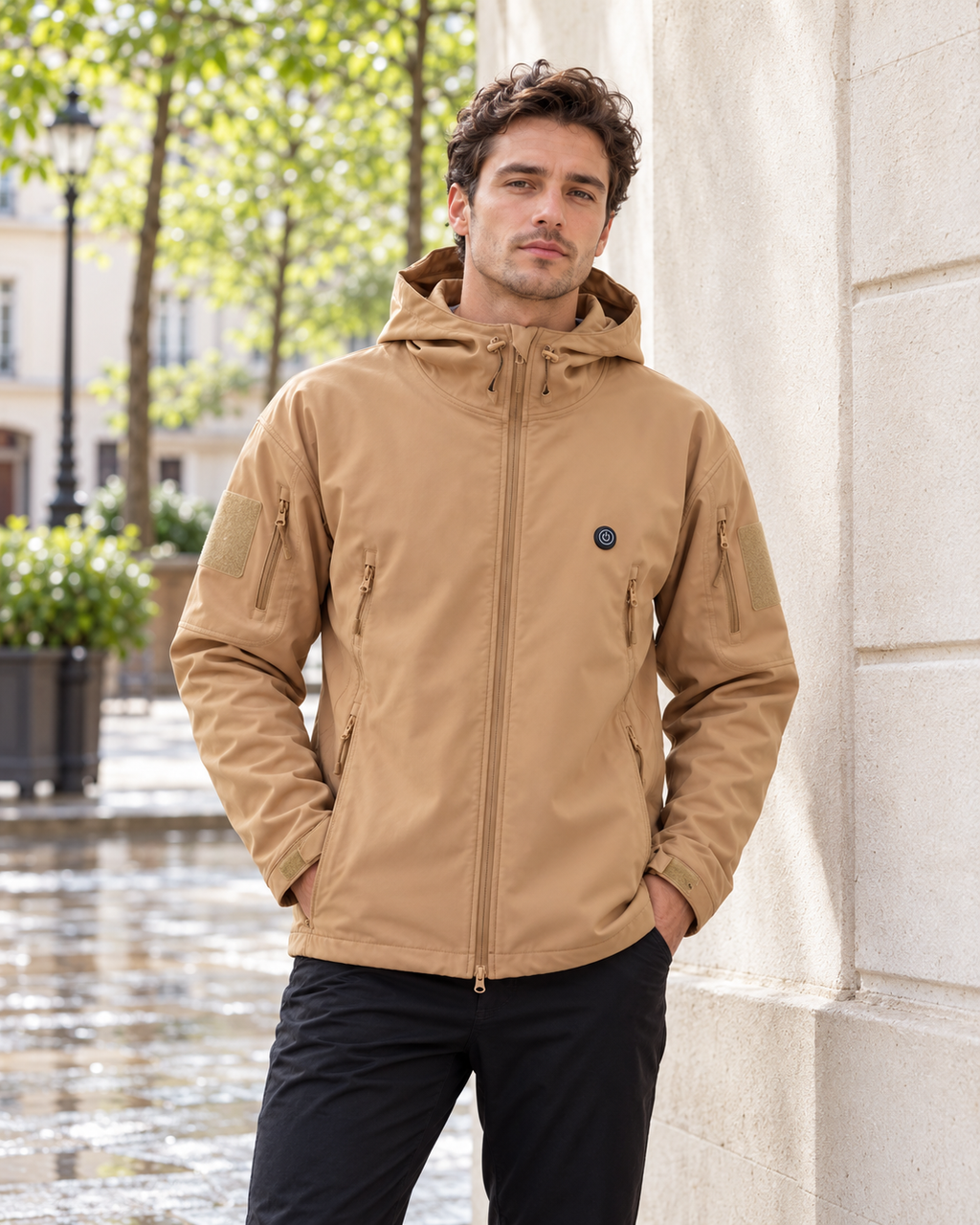 Veste chauffante légère beige — porté en situation