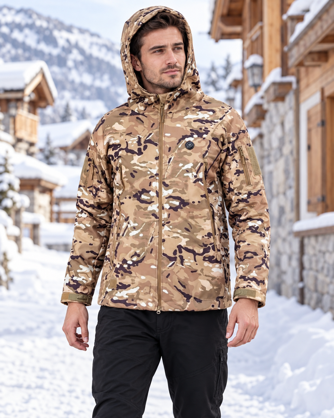 Veste chauffante légère camouflage beige — porté en situation