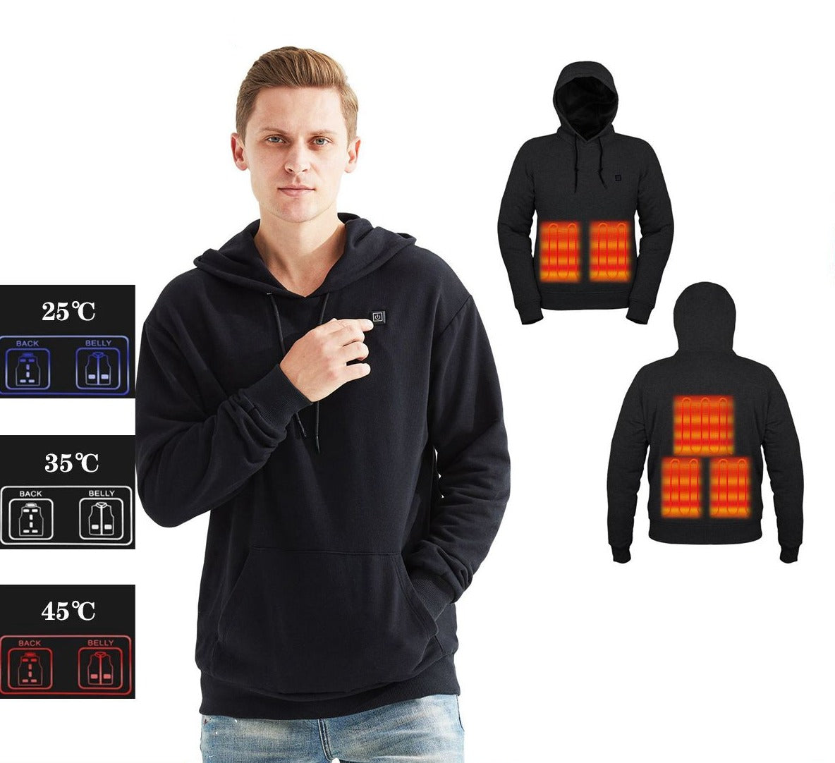 Sweat à capuche chauffant USB pour hommes et femmes gris